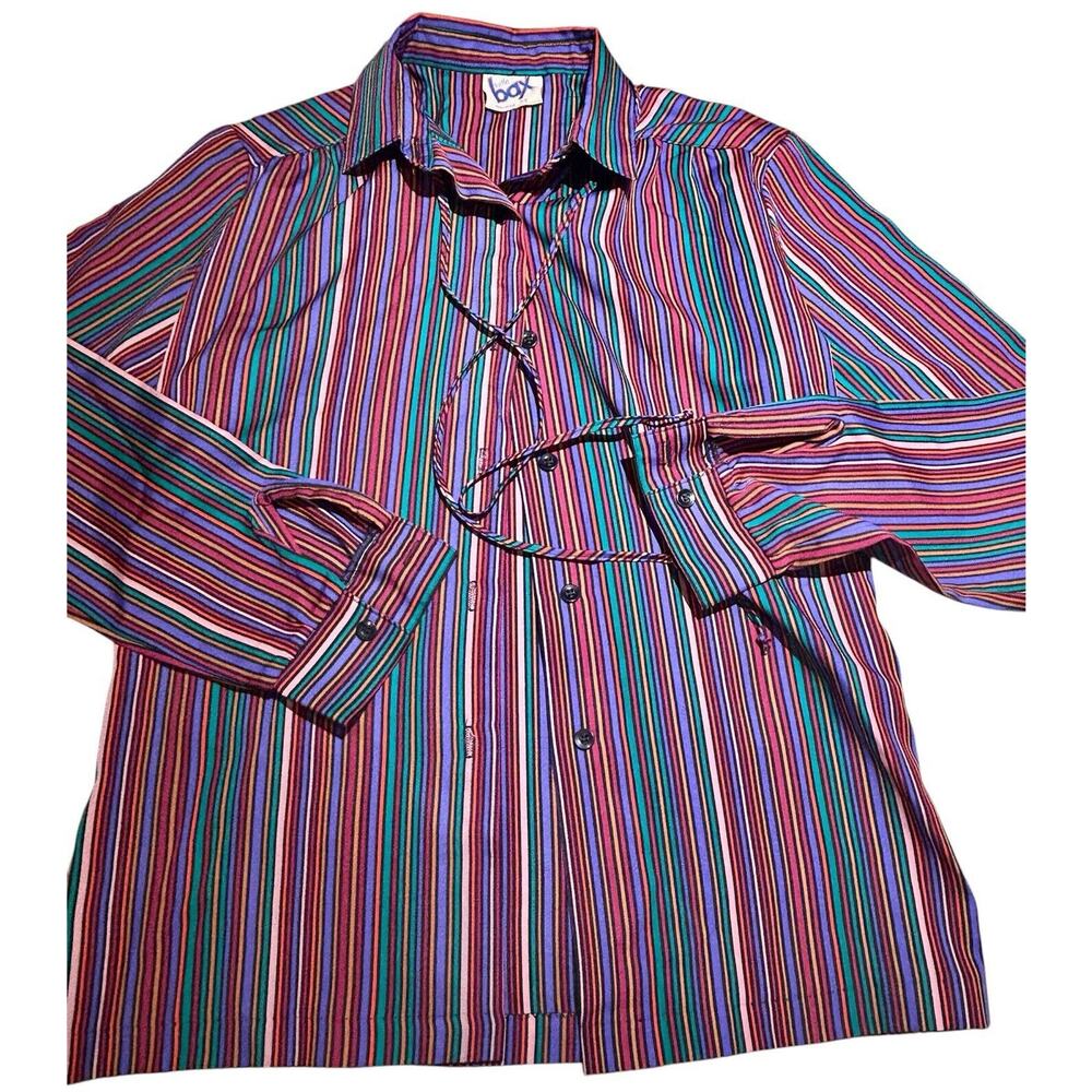 Vintage Turtle Bax 1970s Button Up Blouse Women 7/8 USA Made Striped Lightweight